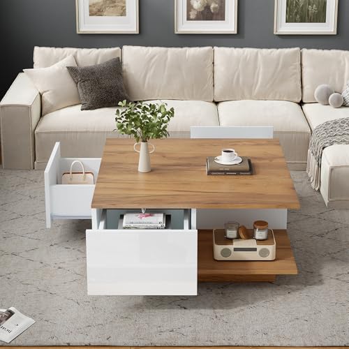 Houkiper Wohnzimmer Couchtischschrank, Geometrischer Couchtisch mit 3 Schubladen Beistelltisch mit Verstecktem Fach Offenem Regal Kaffeetisch für Büro Wohnzimmer, 70 X 70 X 31.5cm von Houkiper