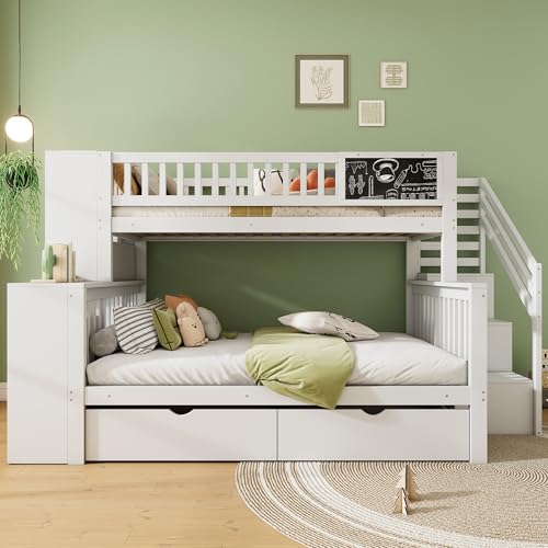 Kinder Hochbett 90x200 & 140x200 mit Treppe und Stauraum, Etagenbett für 2 Kinder aus Massivholz, Hausbett mit Schubladen & Schränken, inkl. Graffiti-Tafel, Weiß Kinder Hochbett 90x200 & 140x200 mit Treppe und Stauraum, Etagenbett für 2 Kinder aus Massivholz, Hausbett mit Schubladen & Schränken, inkl. Graffiti-Tafel, Weiß von Houkiper