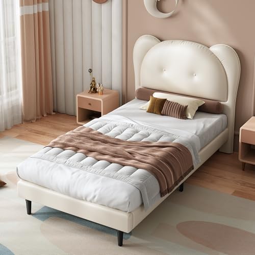 Kinderbett Polsterbett 90x200cm, Kinderbetten mit Niedliches Kopfteil in Tierform PU Kinderbett Mädchen mit Lattenrost und Rückenlehne, Beige Gepolsterte Bett für Kinder Jugend Mädchen, Ohne Matratz von Houkiper