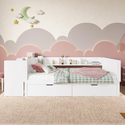 Multifunktionales Holzbett 90x200 cm mit Schreibtisch & Regalen – Einzelbett ohne Matratze, mit 2 Schubladen, Kiefer & Spanplatte, platzsparend & modern – Weiß von Houkiper