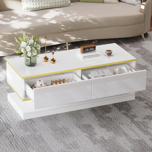 Wohnzimmer Couchtischschrank, 100 * 50 * 38cm Wohnzimmertisch mit großen Schubladen Hochglanz Beistelltisch mit Verstecktem Stauraum von Houkiper