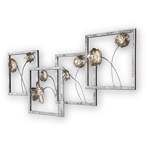 House of Arts | Metallbild 'Fiori in quadrati' | Moderne Wanddekoration mit Blumen | Wandbild 3D Wandrelief | Moderne Wanddeko handgefertigt aus Metall | 100 x 47 cm | Silber Gold von House of Arts