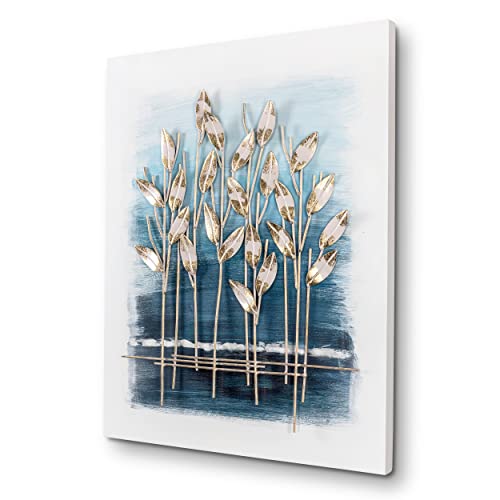 House of Arts Metallbild 'Piante d'oro blau' 60x80cm Blumen Modern Wandbild Wanddeko Relief 3D Blau Rosa Gold von House of Arts