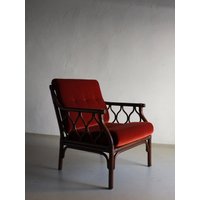 Dunkler Rattan Sessel | Bambus Roter Velour Vintage von HouseOfVintFurniture