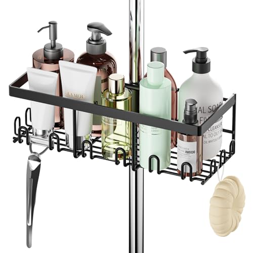 HouseUp Duschablage Ohne Bohren, Duschregal Edelstahl für 18 mm-25 mm Duschstange, Shampoo Halterung für Dusche Badezimmer Organizer (Schwarz) von HouseUp