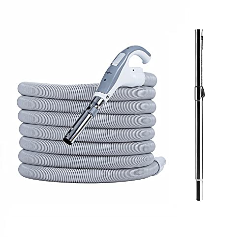 HouseVac Premium Saugschlauch für Zentralstaubsauger Länge 9-12m und Teleskoprohr | Beide Schlauchenden drehen Sich um 360 Grad | mit EIN/AUS-Schalter | Clipbefestigung (9m) von HouseVac