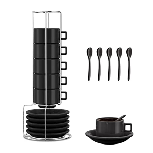 Houseables Espresso-Tasse, Löffel und Untertasse, Schwarz, stapelbare Demitasse Tassen mit Metallständer, Löffel, 19-teilig, 70.9 ml, Porzellan, Teeset, Türkische Kaffeetasse, Organizer Rack von Houseables