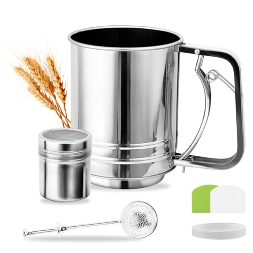3-in-1 Mehlsieb zum Backen, 3 Tassen Edelstahl Mehl-Shifter & Puderzucker-Staubwedel mit 3 Deckeln Doppelschicht Feinmaschiges Sieb zum Backen von Kuchen, Gebäck, Kuchen, Cupcakes und Desserts von Houseen
