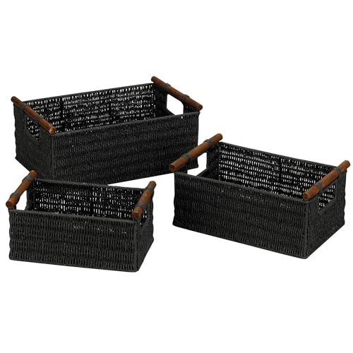 Haushalt Essentials Korb-Set, Holz Griffe, 3er-Set schwarz von Household Essentials