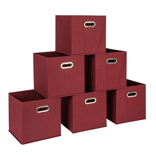 Household Essentials Stoff-Aufbewahrungswürfel, 6er-Set, robuster Polygewebe, Chipboard-Seiten, Ösenfrontgriff, stapelbar und zusammenklappbar, klassisches Design, Burgunderrot von Household Essentials
