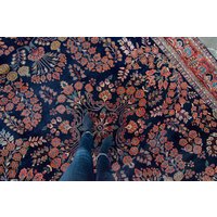 Antiker 10'4 "x 14' Navy Großer Teppich Lachs Allover Blumenmuster Großer Wollflor Handgeknüpfter - Kostenloser Inlandsversand von HouseofSeance