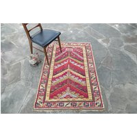 Vintage 3'3 "x 5' Teppich Rasberry Rot/Gelber Wollteppich 1930 - Kostenloser Domestic-Versand von HouseofSeance