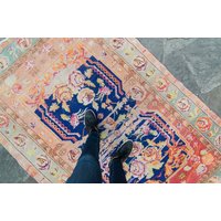 Vintage 4'7 "x 7'2" Soumak Teppich Kaukasier Pfirsich Minze Marine Floraler Handgeknüpfter Wollteppich 1960Er Jahre - Kostenloser Domestic-Versand von HouseofSeance