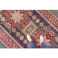 Vintage 4'9 "x 7'7" Teppich Geometrisch Scharlachrot Beige Marine Handgeknüpfter Wollteppich - Kostenloser Domestic Versand von HouseofSeance