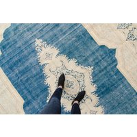Vintage 9'6 "x 13'1" Medaillon Blau Beige Floral Distressed Teppich Handgeknüpfter Wollteppich 1940Er Jahre - Kostenloser Domestic Versand von HouseofSeance