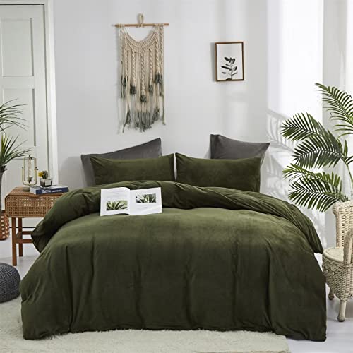 Houseri Samt-Olivgrünes Bettdecken-Set für King-Size-Bett, flauschiges Armee-Bettwäsche-Set, Größe Herren, dunkles Mikromink-Sherpa, schwärzliche Flanelldecke, flauschige Decke, warmes Kingsize-Bett von Houseri