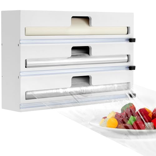 Housolution Folienspender mit Cutter, Abroller & Schneider für 30cm Lange Frischhaltefolie, Alufolie Und Backpapier, 3 in 1 Folienschneider Frischhaltefolienspender für Küche, Weiß von Housolution