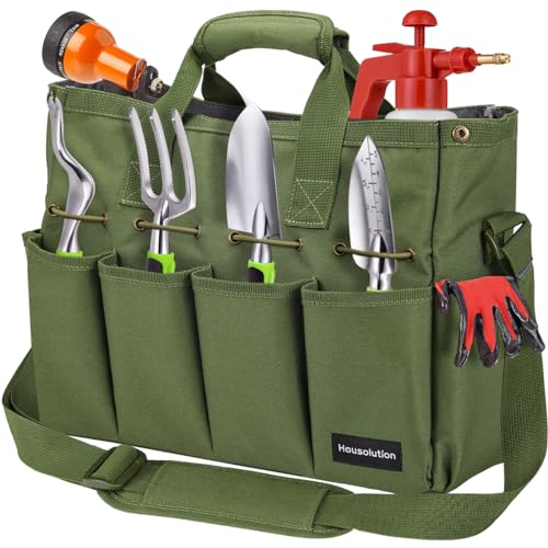 Housolution Garten Werkzeugtasche, 35 x 14 x 28 cm Tragbar Gartentasche Wasserdicht Aufbewahrungstasche mit Mehreren Taschen und verstellbarem Schultergurt Werkzeugbeutel für Haus Garage, Dunkel Grün von Housolution