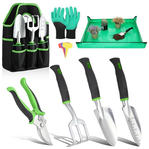 Housolution Gartengeräte Set, 8 PCS Gartenarbeit-Handwerkzeug-Set, Robust Aluminiumlegierung Gartenarbeit Zubehör mit Gummi Storage Tote Bag, Gartenarbeit Tool Set Geschenke, Grün von Housolution