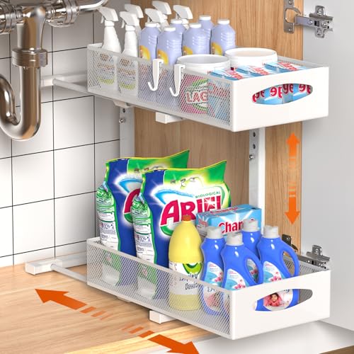 Housolution Spülschrank Organizer Ausziehbar, 2 Etagen Metall Unter Waschbecken Regal Spülenunterschrank Organizer, Unter Spüle Unterschrank Waschbeckenunterschrank Organizer, 1 Stück, Weiß von Housolution