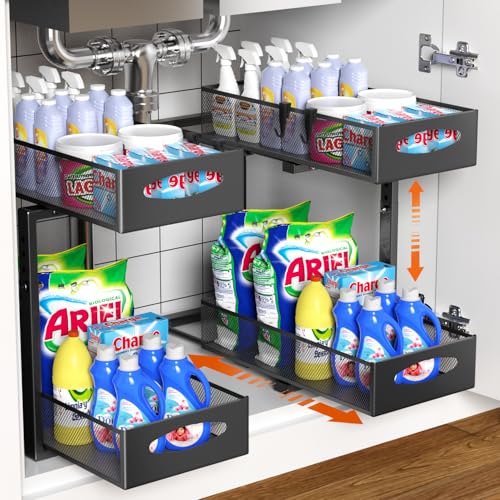 Housolution Spülschrank Organizer Ausziehbar, 2 Etagen Metall Unter Waschbecken Regal Spülenunterschrank Organizer, Unter Spüle Unterschrank Waschbeckenunterschrank Organizer, 2 Stück, Schwarz von Housolution