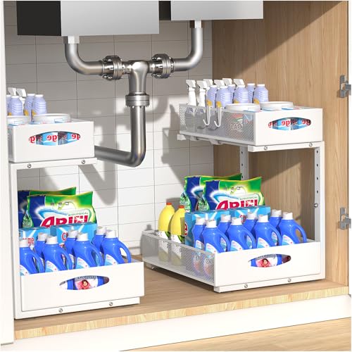 Housolution Spülschrank Organizer Ausziehbar, 2 Etagen Metall Unter Waschbecken Regal Spülenunterschrank Organizer, Unter Spüle Unterschrank Waschbeckenunterschrank Organizer, 2 Stück, Weiß von Housolution