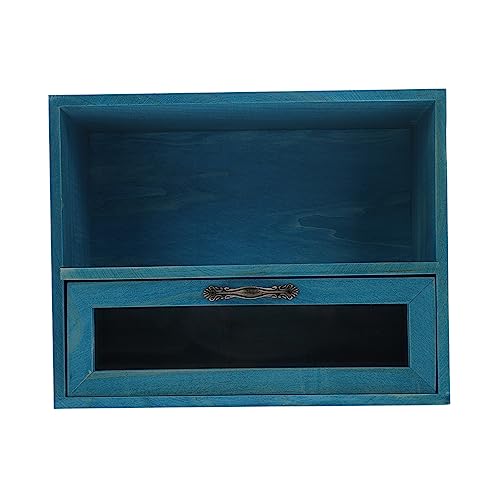 Housoutil Holz Schmuck Aufbewahrungsbox mit Schublade Retro Schreibtisch Organizer Praktischer Desktop Aufbewahrungsschrank für Büro und Zuhause Vintage Design Blau mit Glasabdeckung von Housoutil