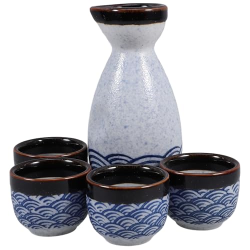 Housoutil Japanisches Sake-Becher-Set, 4 x 20 ml Sake-Becher + 1 x 180 ml Sake-Pot-Set aus Keramik-Weingläsern von Housoutil