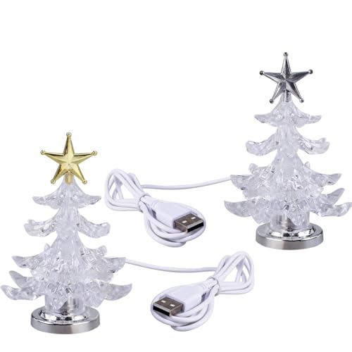 Housoutil USB Weihnachtsbaum, 2 Stück LED Weihnachtsbaum, USB 7-Farben-Weihnachtsbaumlicht Mit Stern Rgb Acryl Silberstern-Weihnachtsbaum-Farbwechsellichter Für Schlafzimmer Zuhause von Housoutil