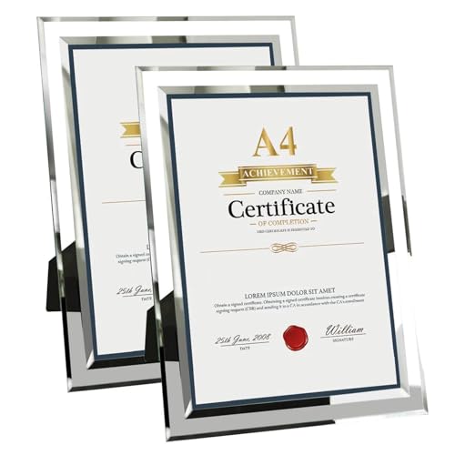 Houstimi 2er-Pack Silber A4 Bilderrahmen Zertifikat Rahmen 21x29,7cm Dokumentenrahmen aus Glas Diplom Graduierung Posterrahmen Foto Display Stand für Tischplatte von Houstimi