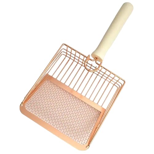 Katzenstreuschaufel, 4 mm Gitter und 8 mm Stangenstreuschaufel, 5 x 5, Zoll große Katzenstreuschaufel mit Holzgriff, leicht zu waschende aus Roségoldmetall mit Haken für Katze von HoveeLuty