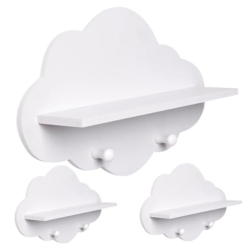 Wolkenregale, 3 Stück, niedliches weißes schwebendes Holzregal in Wolkenform mit Kleiderbügel, Aufbewahrungsregal, Wandhalterung, Kinderzimmerzubehör für Kinderzimmer, Wolkenwandregale, Kinderzimmerre Wolkenregale, 3 Stück, niedliches weißes schwebendes Holzregal in Wolkenform mit Kleiderbügel, Aufbewahrungsregal, Wandhalterung, Kinderzimmerzubehör für Kinderzimmer, Wolkenwandregale, Kinderzimmerre von HoveeLuty