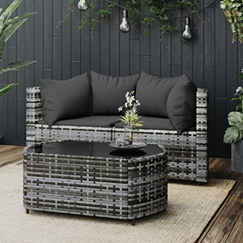 Hovothy 3-TLG. Garten-Lounge-Set mit Kissen Grau Poly Rattan Balkon Sofa Loungesessel Outdoor Balkon Lounge Outdoor Sofa Rattansessel Rattan Stuhl Gartenlounge Outdoor Gartensofa Gartencouch von Hovothy