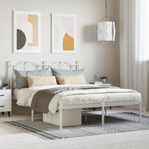 Hovothy Bettgestell mit Kopfteil Metall 140x200 cm Stauraumbett Gepolsterter Plattformbettrahmen Einzelbett Schrankbett für Schlafzimmer Gästezimmer Weiß Metallbett von Hovothy