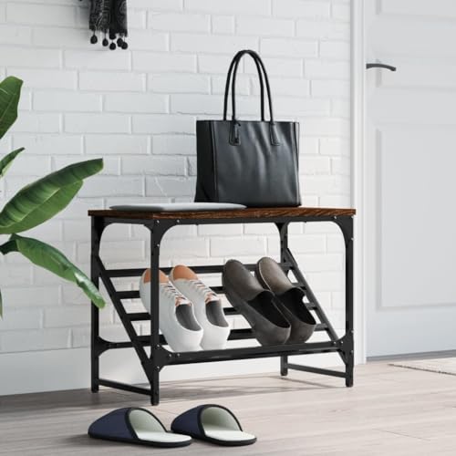 Hovothy Schuhschrank 60x30x45cm Braun Eichen-Optik Holzwerkstoff,Pulverbeschichtetes Stahl Schuhanzieher Lang Getränkekistenregal Flurschrank schmal Schuhregal Platzsparend Aufbewahrungsregal von Hovothy