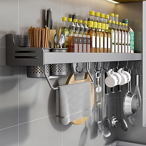 Gewürzregal, Gewürzregal Hängend, GewürzregaleKüchenregal wand ohne Bohren, Gewürz Organizer mit Messerschlitz, Haken, Becher, Küchenregal Wand für Gewürze, grau, 60cm von Hovoto