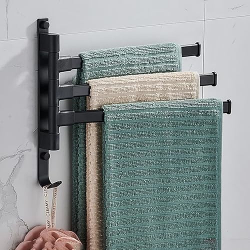 Handtuchhalter Wand ohne Bohren for Bad: 180°Drehung Badetuchhalter 3 Armig - Selbstklebend Handtuchstange for Badezimmer und Küche, Schwarz von Hovoto