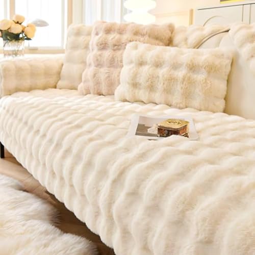 Hovoto Sofa Überzug, Kaninchen Plüsch Sofabezug L Form 1 2 3 4 Sitzer Sofa Überzug Ecksofa, Universelle rutschfeste Sofaschoner, Weiche Dicke Plüschsofa Kissenbezüge, milchig weiß, 70 * 210cm von Hovoto