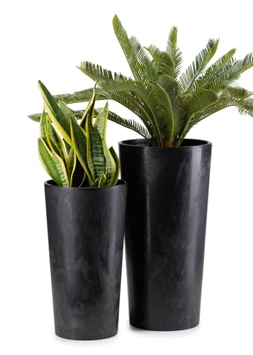 HowHomely 2X Blumentopf Gross mit Pflanzkübel Einsatz | Dunkelbeton-Optik Pflanzkübel Groß für Deko Wohnzimmer oder Garten | Set aus 2 Blumenübertopf (30xh57cm & 25xh46) von HowHomely