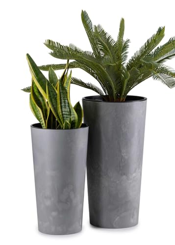 HowHomely 2X Blumentopf Gross mit Pflanzkübel Einsatz | Hellbeton-Optik Pflanzkübel Groß für Deko Wohnzimmer oder Garten | Set aus 2 Blumenübertopf (30xh57cm & 25xh46) von HowHomely