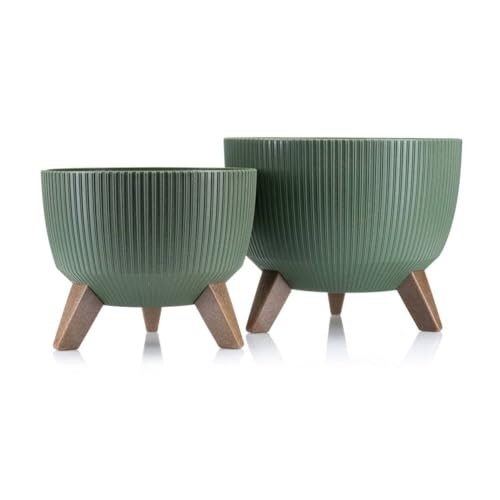 HowHomely 2X Grün Blumenkübel | Deko Blumentopf mit 3 Beinen | Langlebige Übertopf für Wohnzimmer oder Garten | Set aus 2 Blumenübertopf (18x29cm & 15x24cm) von HowHomely