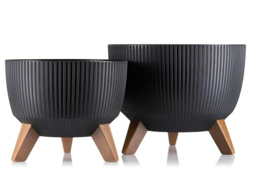 HowHomely 2X Schwarz Blumenkübel | Deko Blumentopf mit 3 Beinen | Langlebige Übertopf für Wohnzimmer oder Garten | Set aus 2 Blumenübertopf (18x29cm & 15x24cm) von HowHomely