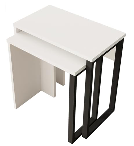 HowHomely 2er Set Beistelltisch Weiss | Wohnzimmertisch Weiß | Couchtisch Industrial Style | Minimalistisch Kleiner Weißer Tisch für Wohnzimmer Schlafzimmer oder Büro von HowHomely