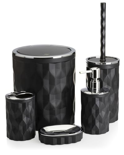 HowHomely Badezimmer Set mit Klobürste Seifenspender Zahnputzbecher Seifenablage und Mülleimer | Silber-Schwarz Badezimmer Zubehör Set | Modern Badaccessoires Set (Reina) von HowHomely