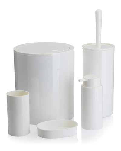 HowHomely Badezimmer Set mit Klobürste Seifenspender Zahnputzbecher Seifenablage und Mülleimer | Weiß Badezimmer Zubehör Set | Modern Badaccessoires Set (Carmen) von HowHomely