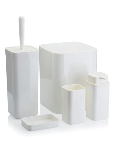 HowHomely Badezimmer Set mit Klobürste Seifenspender Zahnputzbecher Seifenablage und Mülleimer | Weiß Badezimmer Zubehör Set | Modern Badaccessoires Set (Sierra) von HowHomely