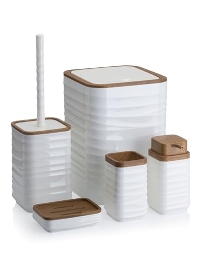 HowHomely Badezimmer Set mit Klobürste Seifenspender Zahnputzbecher Seifenablage und Mülleimer | Weiß Badezimmer Zubehör Set | Modern Badaccessoires Set (Wave) von HowHomely