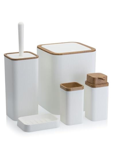 HowHomely Badezimmer Set mit Klobürste Seifenspender Zahnputzbecher Seifenablage und Mülleimer | Weiß Badezimmer Zubehör Set | Modern Badaccessoires Set (Zoya) von HowHomely