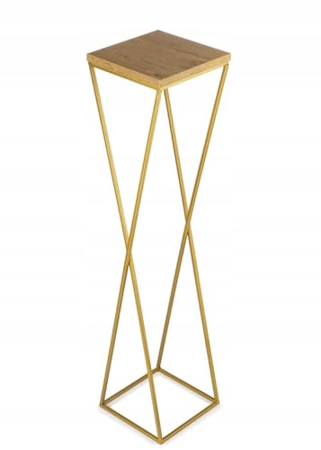 HowHomely Blumenständer Gold Metall 100cm im Loft-Stil - Modern Blumenständer Hoch Blumen Ständer aus Metall und Lancelot Eiche MDF-Platte - Blumentopfständer Metall Blumenstaender von HowHomely