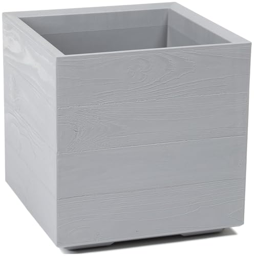 HowHomely Blumentopf Grau 40 x 39 x 39 cm Pflanzkübel Groß Außen - Pflanzkasten auf Rollen mit Abflussstopfen - Pflanzkübel Holzoptik für Garten und Terrasse von HowHomely